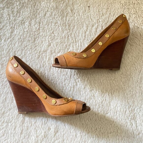 Tory Burch Royal Tan Leather Wedge Peep-Toe Sandals – Women’s 6.5 - Picture 4 of 16
